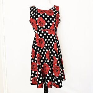 Veljie Sleeveless Polka Dot and Rose Print Sz 10 Dress Retro Rockabilly